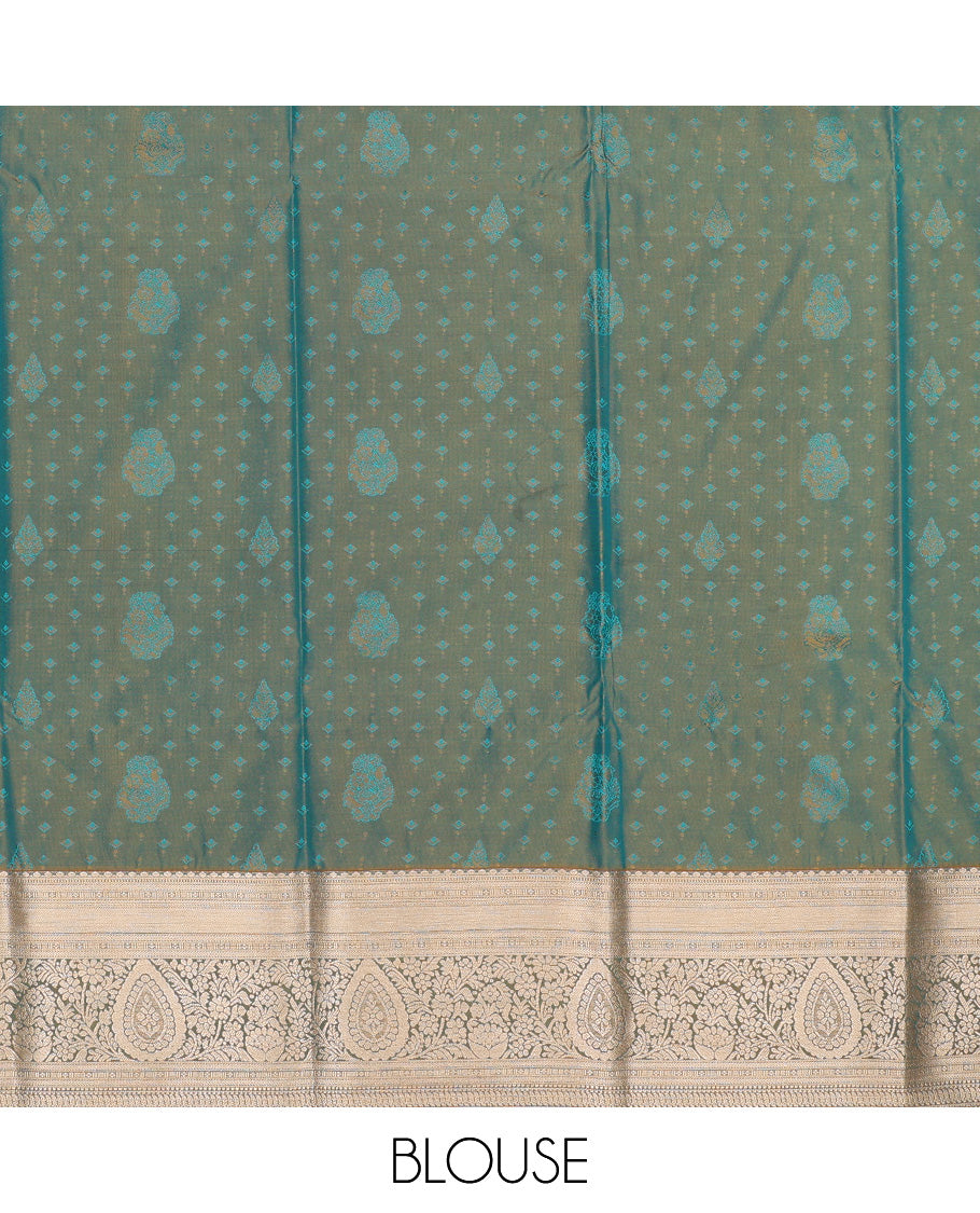 Blue art silk pavadai set, embossed, zari design and contrast traditional zari bordered skirt and a contrast dual-toned zari border blouse