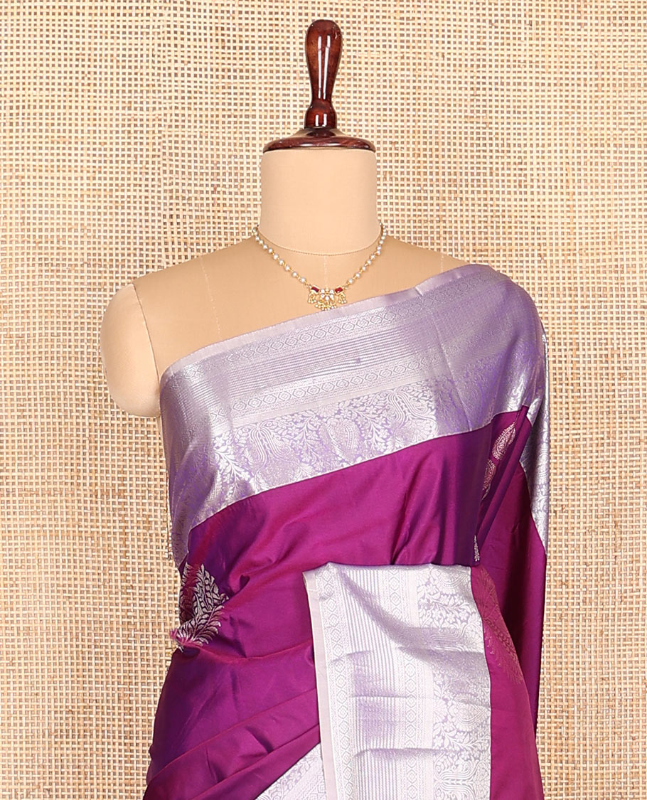 Magenta zari buttas budget silk saree, contrast traditional zari design border, and intricate pallu