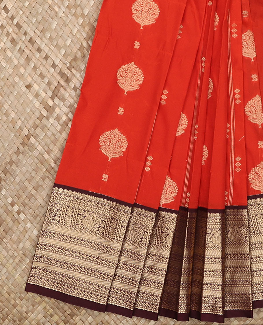 Orange zari buttas budget silk saree, contrast traditional zari border, and jaal pallu