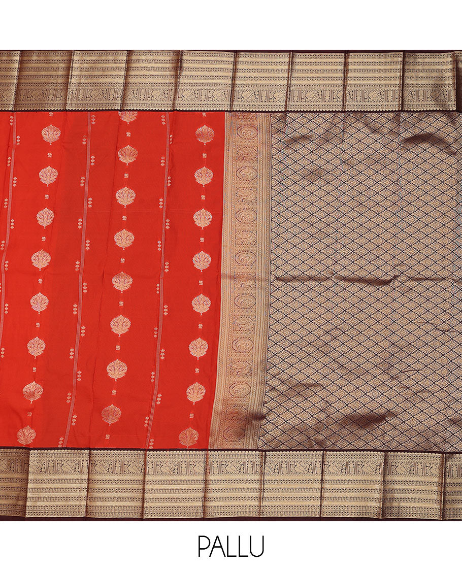 Orange zari buttas budget silk saree, contrast traditional zari border, and jaal pallu