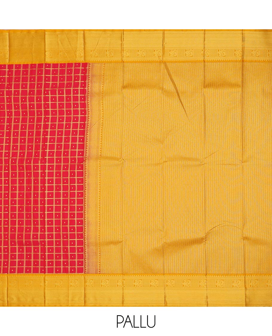 Red butta enclosed checked gift saree, contrast traditional zari design border, and jaal pallu