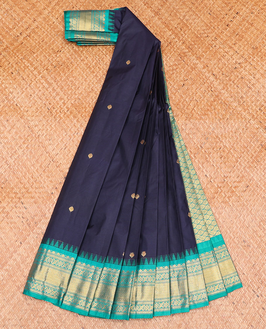 Navy Blue Budget Silk Saree Detailed with Zari Buttas, Accentuated by a Contrast Traditional Motifs Templr Zari Border, Adorned with a Jaal Pallu, and Paired with a Contrast Blouse