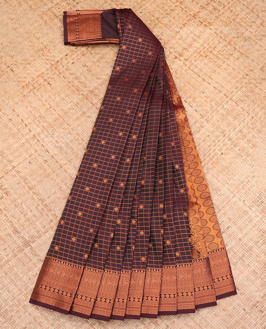 Brown Budget Silk Saree, Embellished with Zari Buttas and Checks All Over Its Body, Highlighted by a Traditional Zari Design Border, Grand Pallu, and Paired with a Matching Blouse