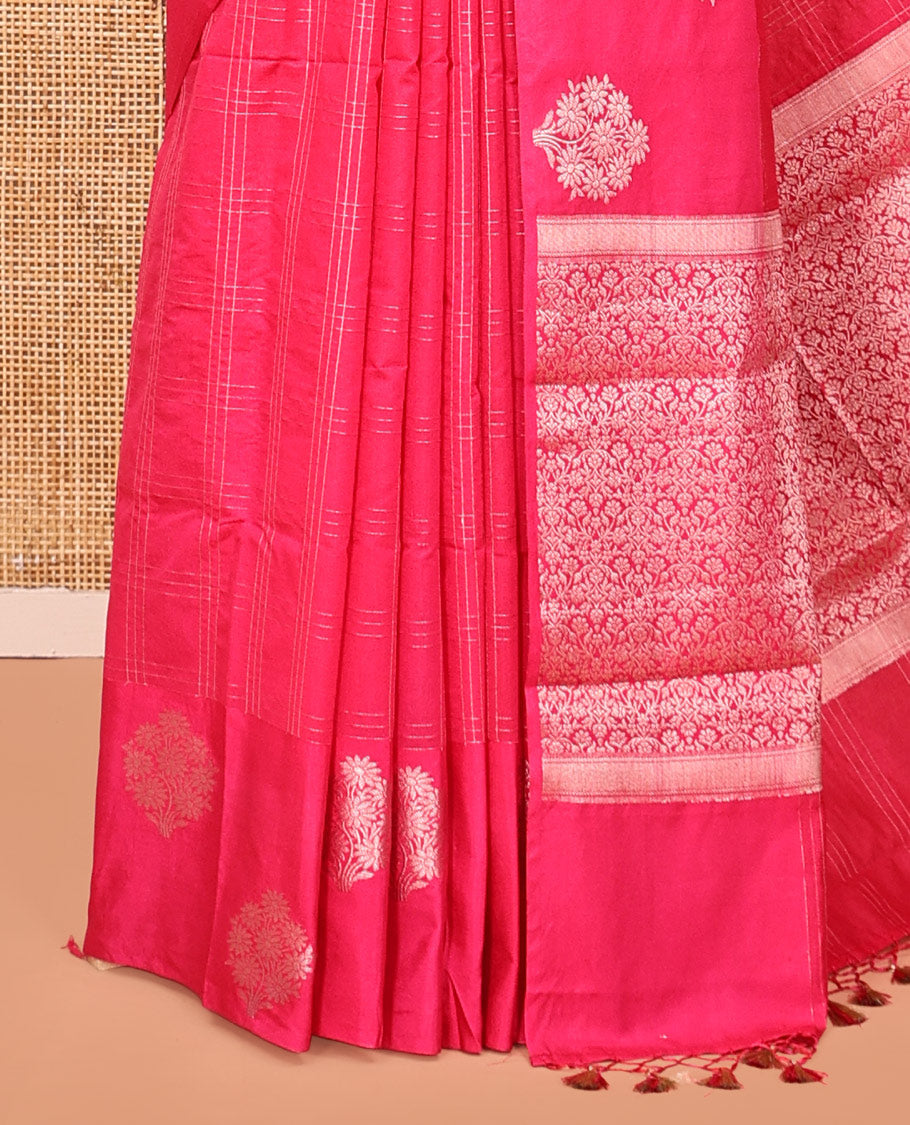 Pink Assam Silk Saree, Accentuated with Zari Checks, Highlighted by a Floral Motifs Woven Border, Intricate Pallu, and a Matching Blouse
