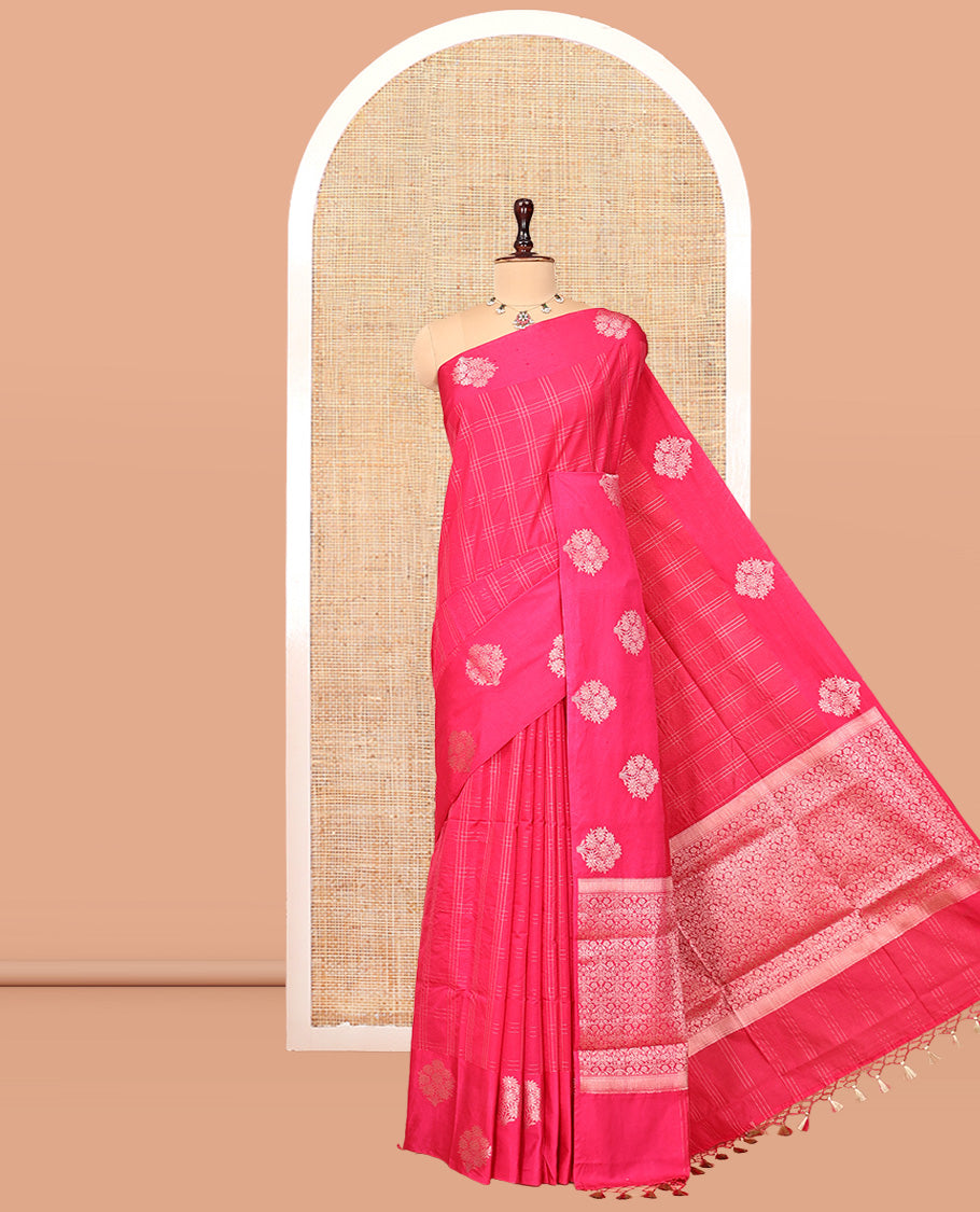 Pink Assam Silk Saree, Accentuated with Zari Checks, Highlighted by a Floral Motifs Woven Border, Intricate Pallu, and a Matching Blouse