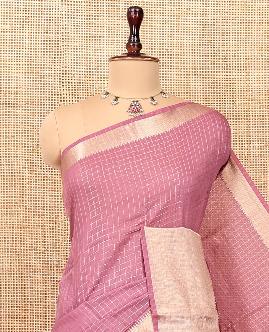 Pink Assam Silk Saree, Beautified with Checks, Traditional Zari Border, Zari-Striped Pallu, and a Contrast Blouse