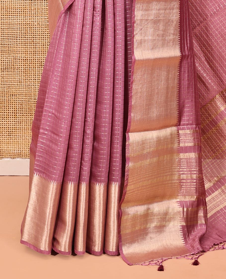 Pink Assam Silk Saree, Beautified with Checks, Traditional Zari Border, Zari-Striped Pallu, and a Contrast Blouse