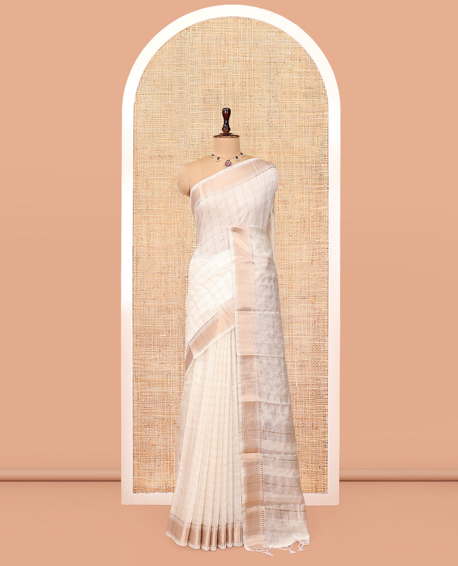 White Assam Silk Saree, Finely Crafted with Zari Checks, Highlighted by a Traditional Zari Border, Zari-Striped Pallu, and a Matching Blouse