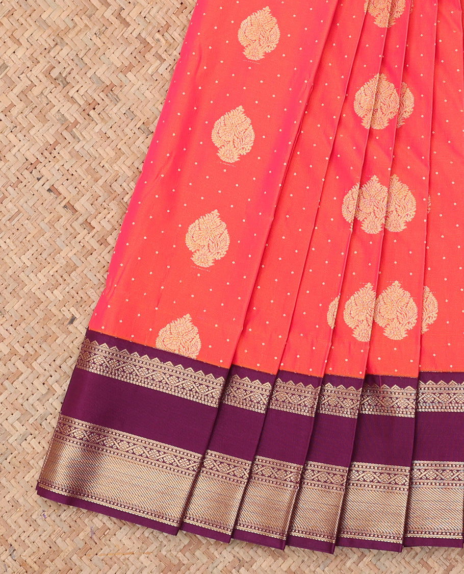 Orange Budget Silk Saree, Bedecked with Zari Buttas, a Contrast Traditional Zari Rettai Pettu Border, Grand Pallu, and a Contrast Blouse