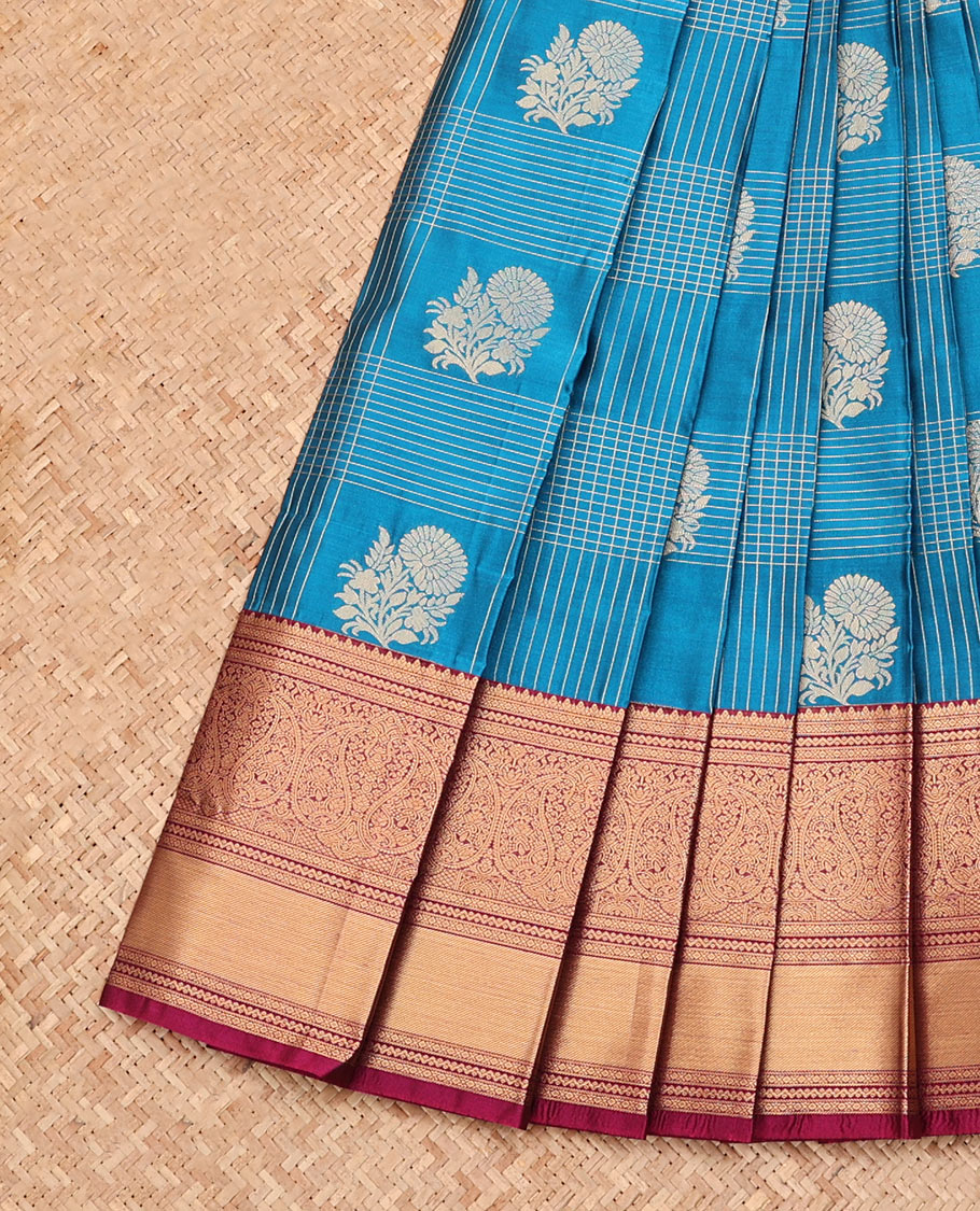 Blue Budget Silk Saree, Embellished with Floral Butta Enclosed Checks, Complemented by a Contrast Traditional Zari Border, Grand Jaal Pallu, and a Contrast Blouse