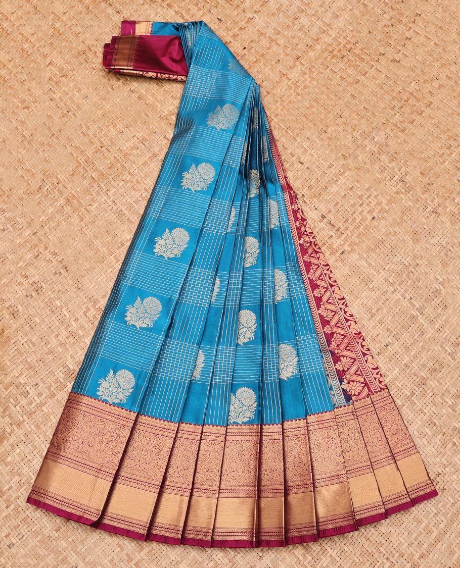 Blue Budget Silk Saree, Embellished with Floral Butta Enclosed Checks, Complemented by a Contrast Traditional Zari Border, Grand Jaal Pallu, and a Contrast Blouse