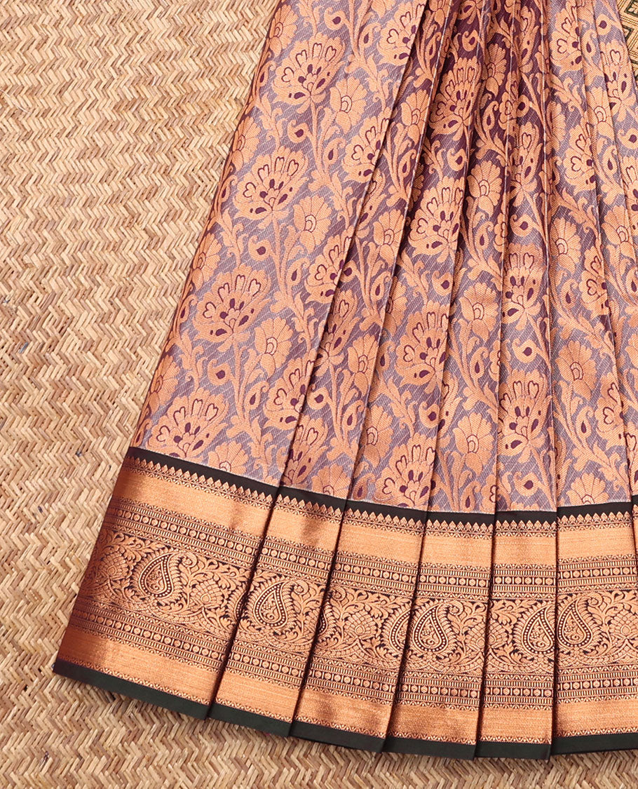 Grey Budget Silk Saree, Delicately Woven with Jacquard, Complemented by Contrast Traditional Zari Border, Jaal Pallu, and a Contrast Blouse