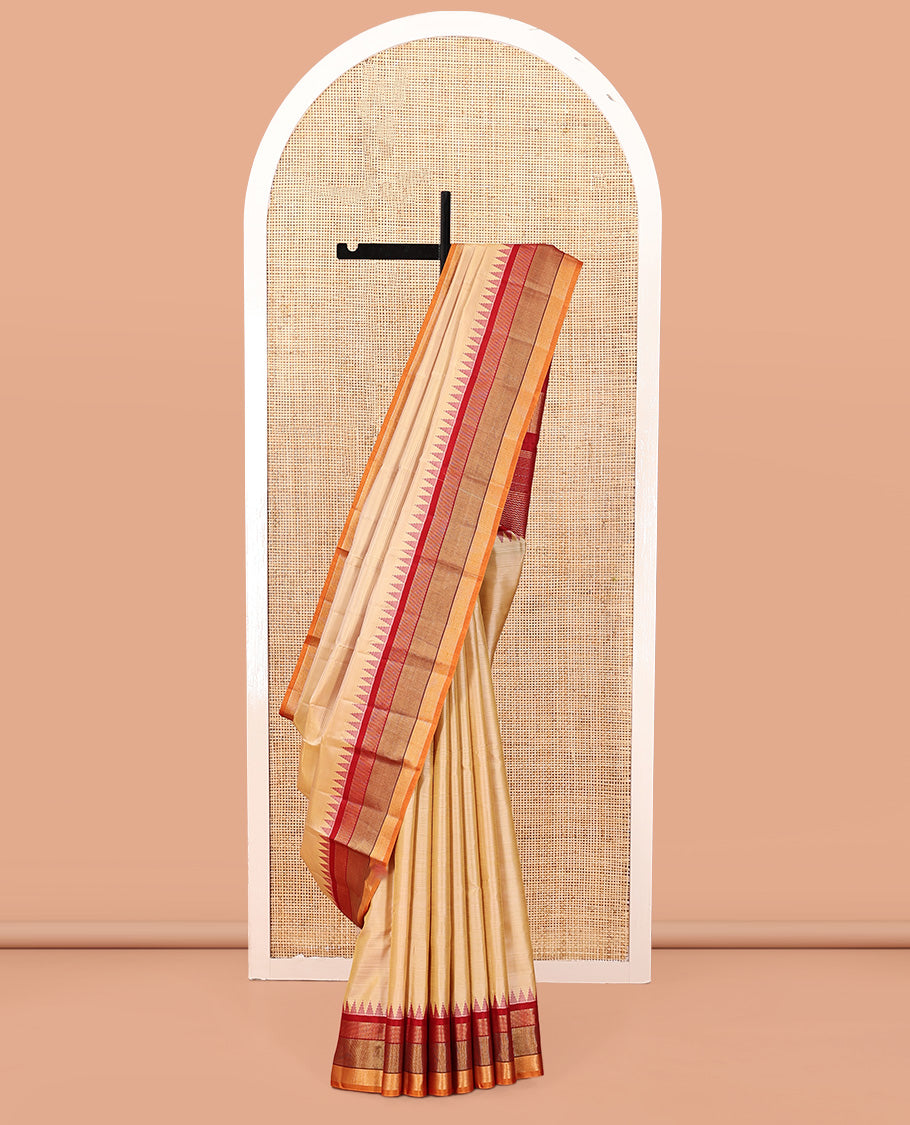 Sandal-Striped Bangalore Silk Saree, Complemented by a Contrast Temple Ganga-Jamuna Border, Pallu of Temple and Neli Designs, and a Contrast Blouse