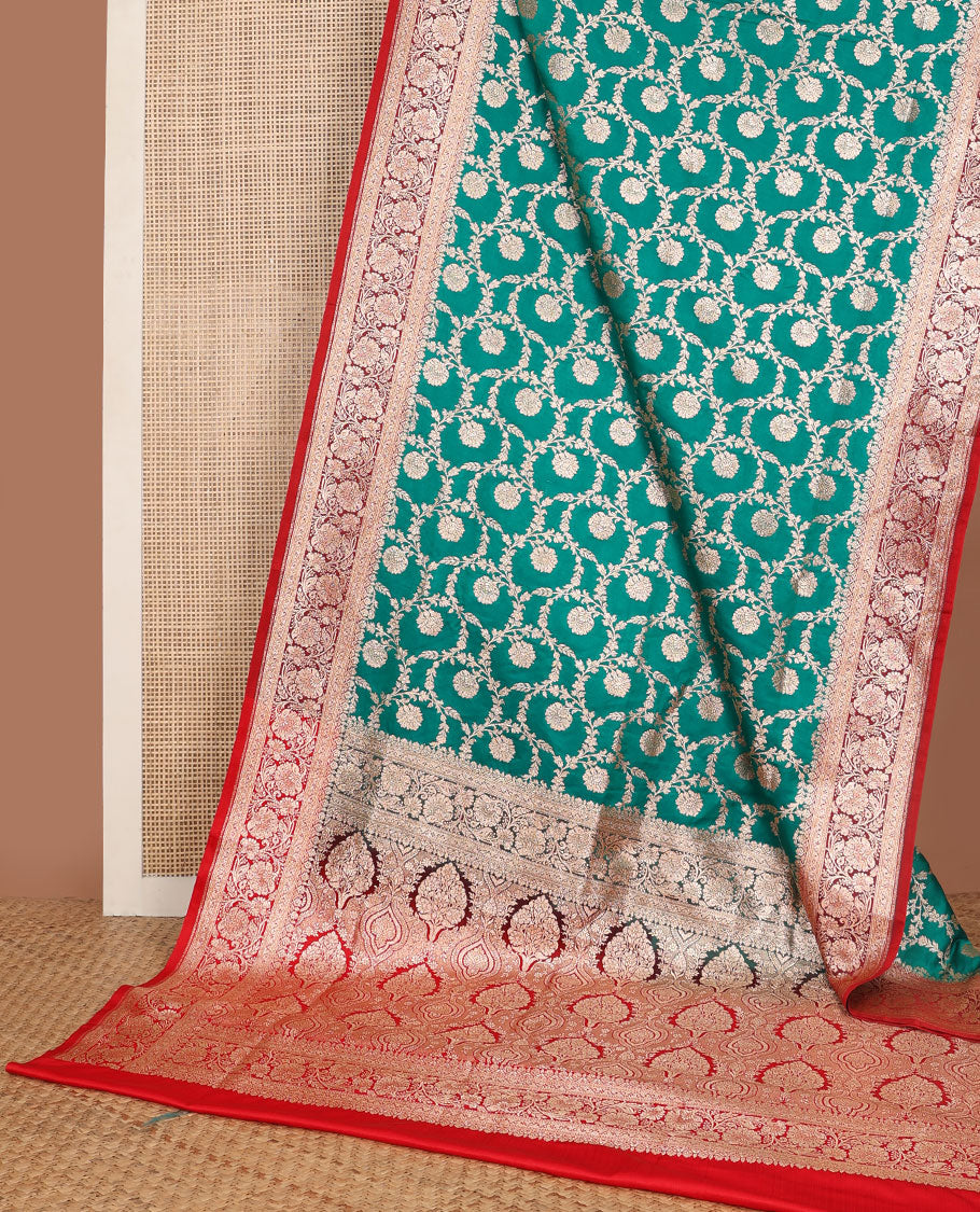 Green floral jaal design semi banaras nylon saree with self floral zari design border & floral design pallu