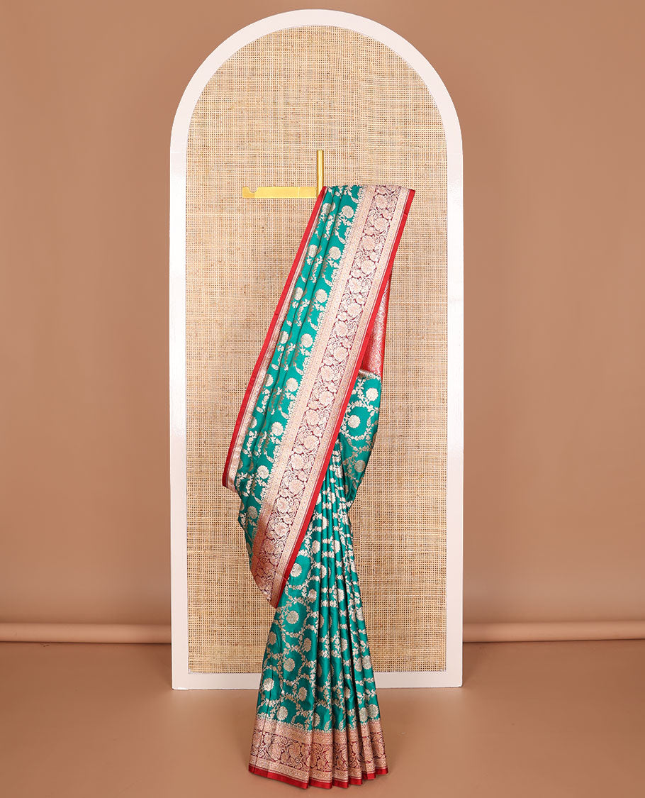 Green floral jaal design semi banaras nylon saree with self floral zari design border & floral design pallu