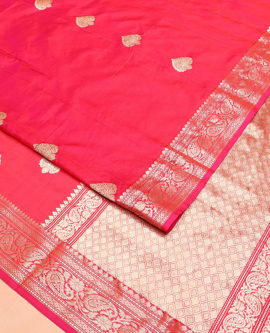 Pink zari buttas kathan silk saree, traditional border of paisley creeper designs, and jaal pallu