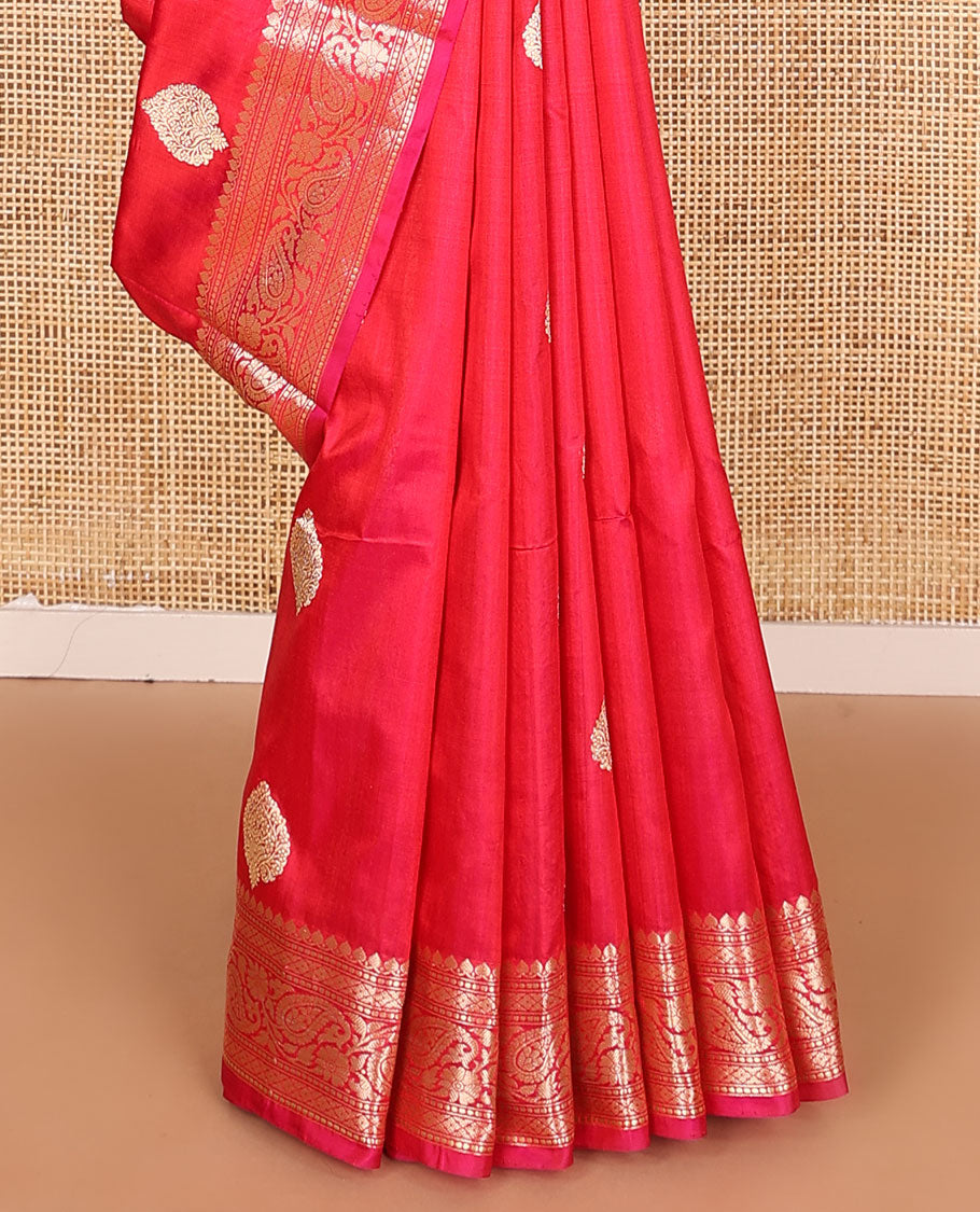 Pink zari buttas kathan silk saree, traditional border of paisley creeper designs, and jaal pallu