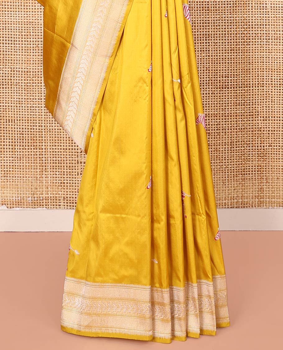 Yellow Banarasi Silk Saree Elevated with Zebra Motifs All Over Its Body, a Subtle Border of Traditional Designs, Pallu Decked Up with Floral and Diamond Designs, and Paired with a Matching Blouse