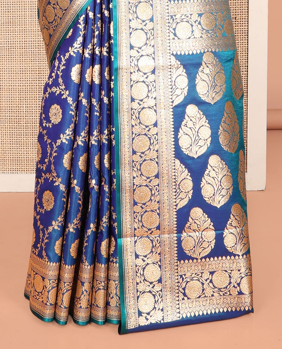 Blue Banarasi Nylon Saree, Ornamented with Floral Jacquard, Contrast Floral Creeper Zari Border, Intricate Pallu, and a Contrast Blouse