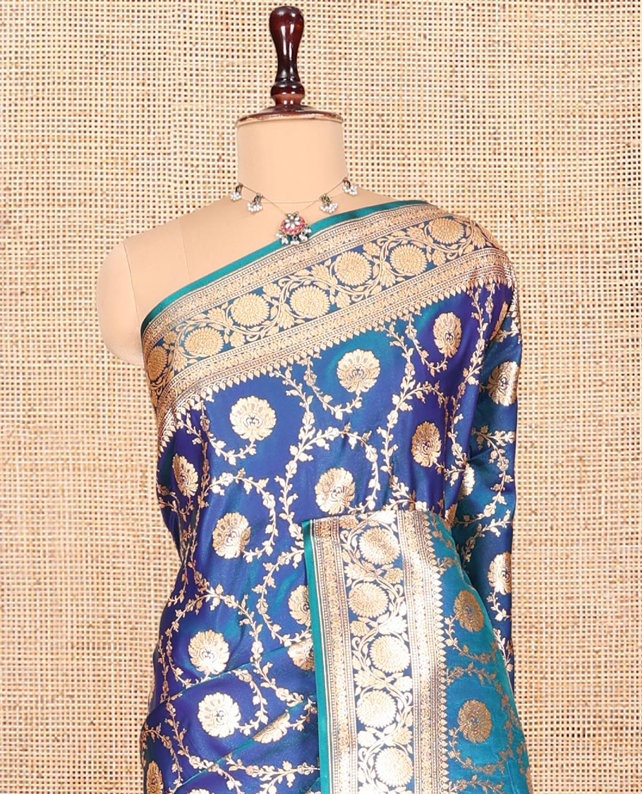 Blue Banarasi Nylon Saree, Ornamented with Floral Jacquard, Contrast Floral Creeper Zari Border, Intricate Pallu, and a Contrast Blouse