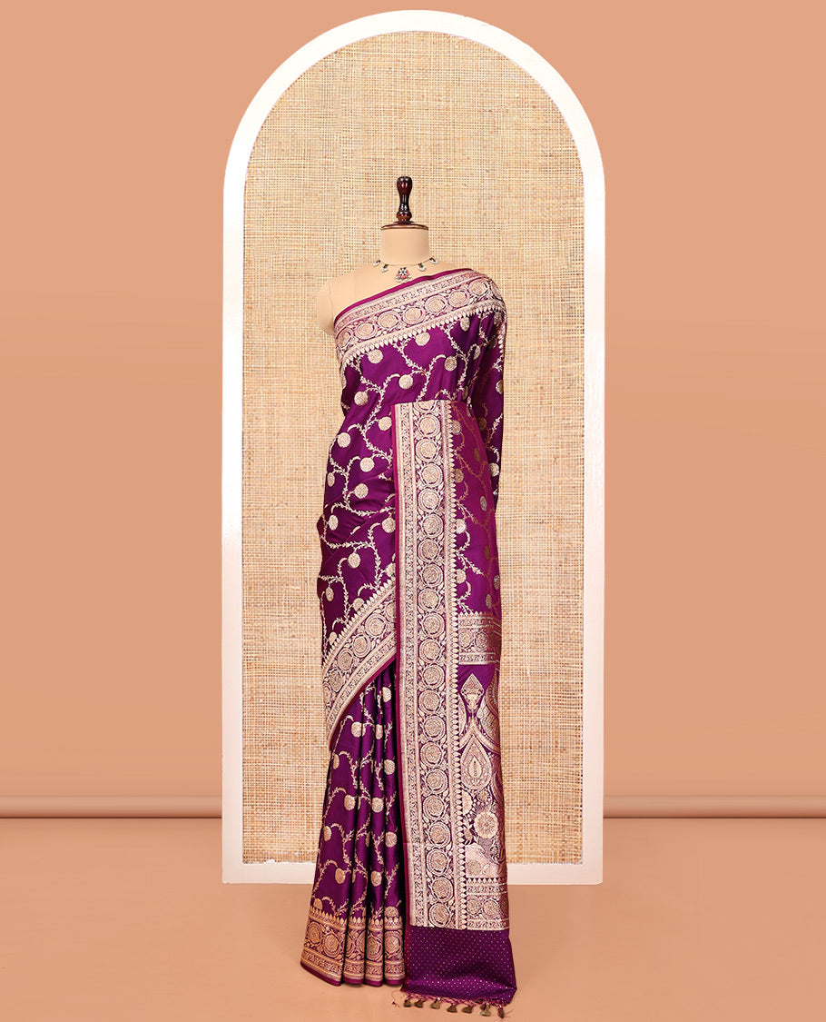 Purple Banarasi Satin Saree, Decorated with Floral Jaal Jacquard, a Floral Creeper Border, Intricate Stonework Pallu, and a Matching Blouse