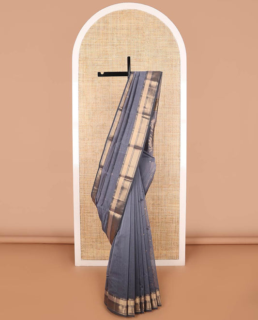 Dark grey floral motifs chanderi cotton saree with contrast zari design border & striped, floral design pallu