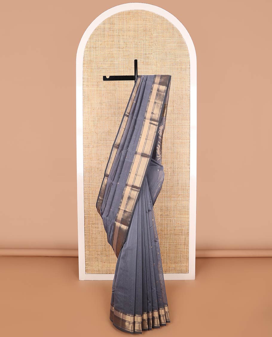 Dark grey floral motifs chanderi cotton saree with contrast zari design border & striped, floral design pallu