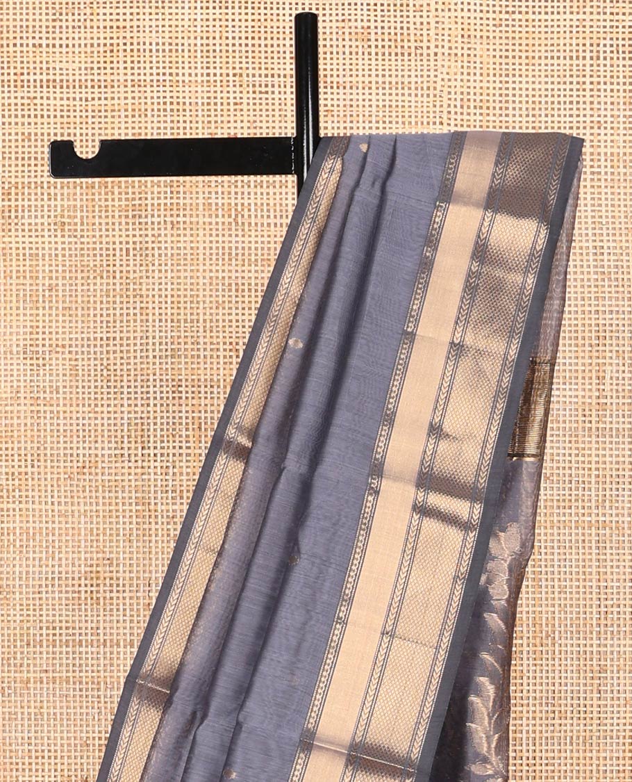 Dark grey floral motifs chanderi cotton saree with contrast zari design border & striped, floral design pallu