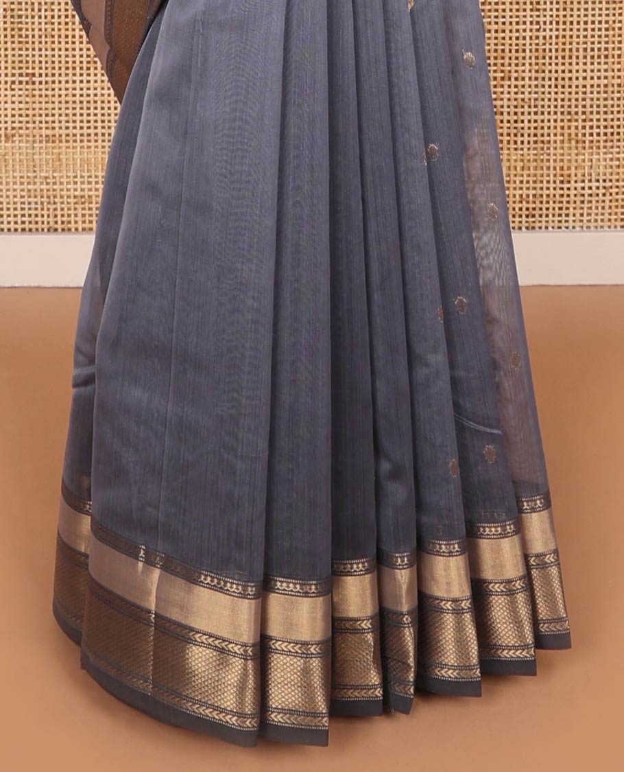 Dark grey floral motifs chanderi cotton saree with contrast zari design border & striped, floral design pallu