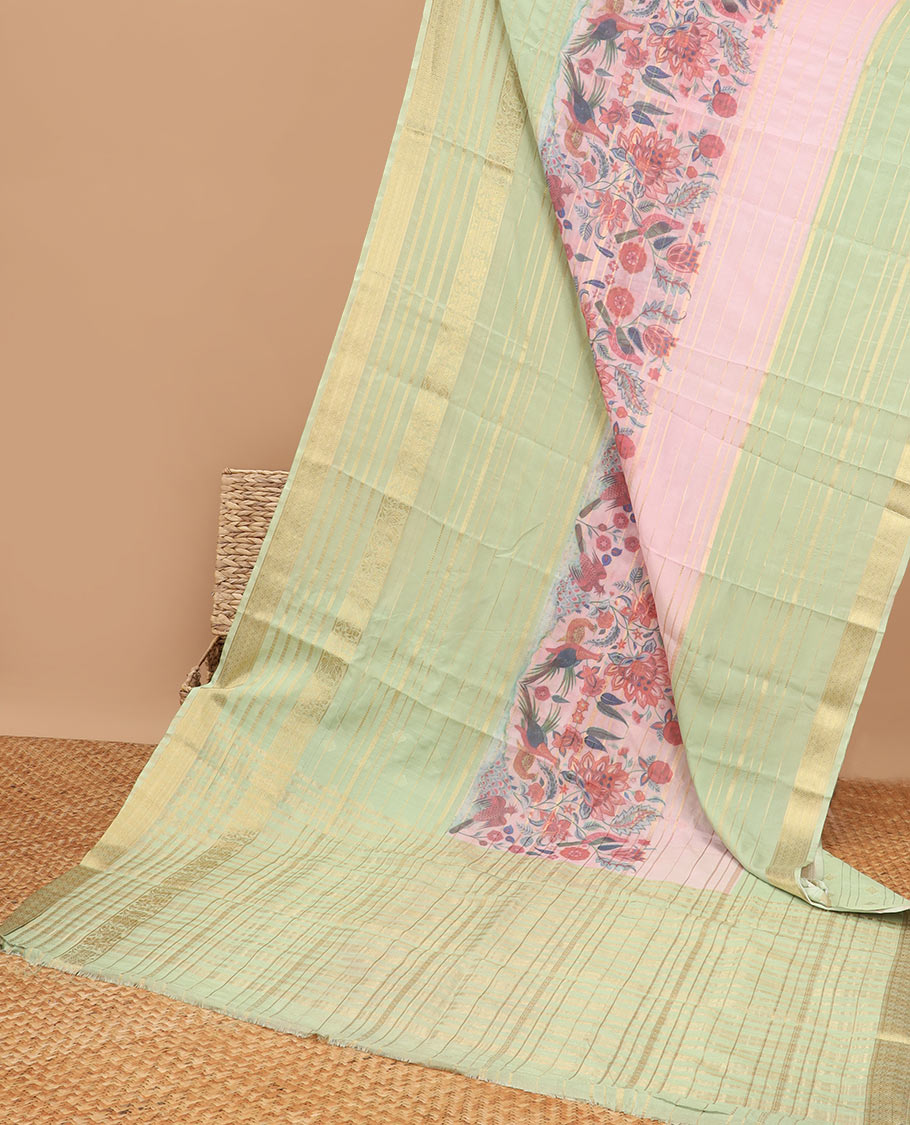 Multi-color floral vine & peacock printed & zari striped semi-banaras crepe saree, zari border & zari striped pallu