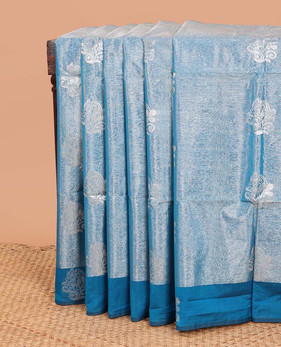 Blue zari buttas semi silk cotton saree, zari buttas border, and contrast intricate design pallu