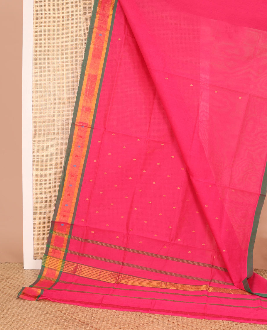 Pink buttas Venkatagiri cotton saree, contrast zari and thread work border, and striped pallu