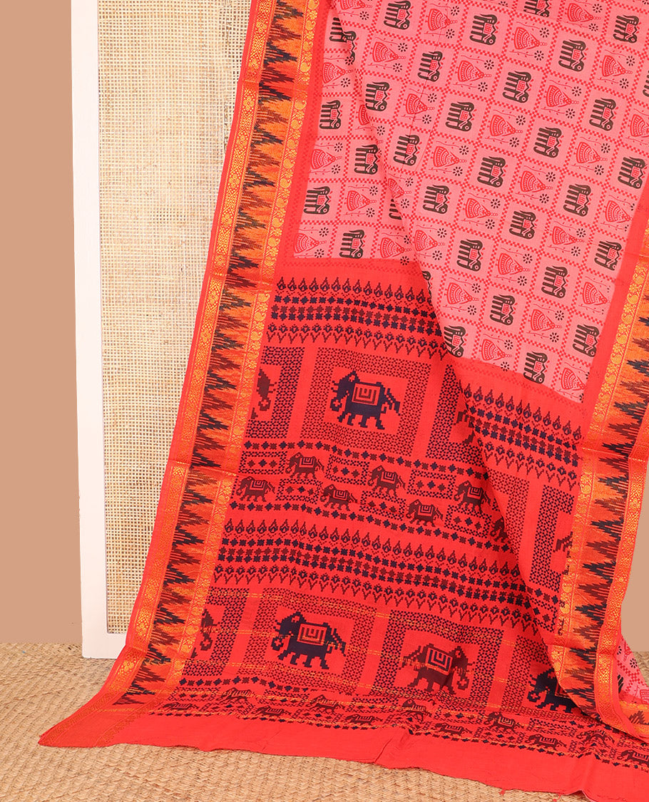 Pink Sungudi Cotton Saree Artfully Printed with Butta Enclosed Checks, Highlighted by Contrast Zari and Print Work Temple Border, and Pallu Printed with Patola Motifs