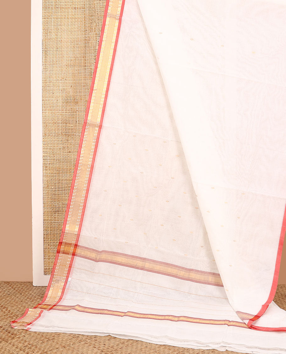 White zari buttas Venkatagiri cotton saree with contrast traditional border, and pallu of zari stripes