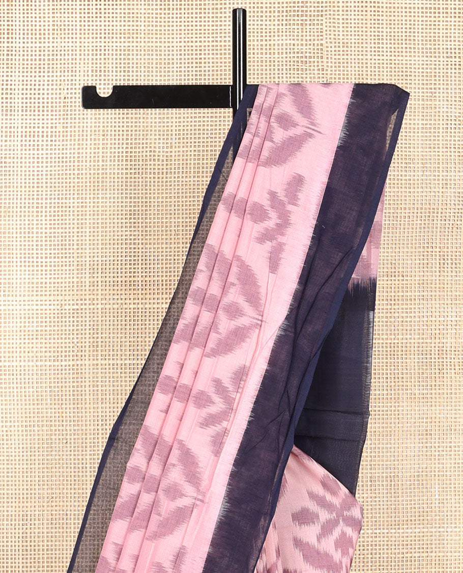 Baby pink floral design ikkat cotton saree with contrast border & checkered design pallu