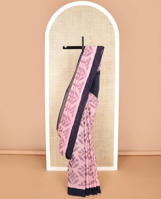 Baby pink floral design ikkat cotton saree with contrast border & checkered design pallu