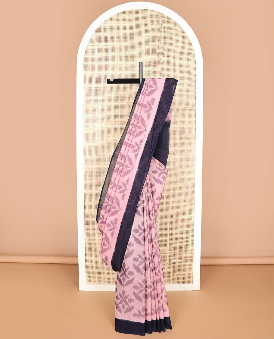Baby pink floral design ikkat cotton saree with contrast border & checkered design pallu