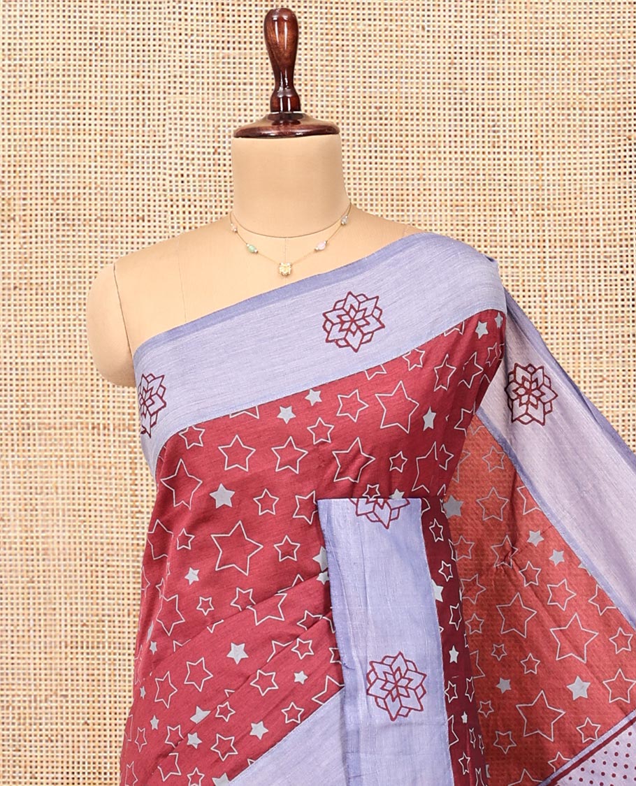 Red Poly Cotton Saree, Steeped with Star Motifs, Complemented by a Contrast Star Motifs Border, Printed Pallu, and a Contrast Blouse
