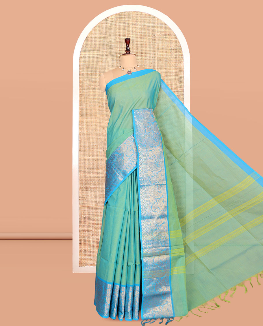 Turquoise Plain Chettinad Cotton Saree, Complemented by a Contrast Traditional Paisley Zari Border, Striped Pallu, and a Matching Blouse