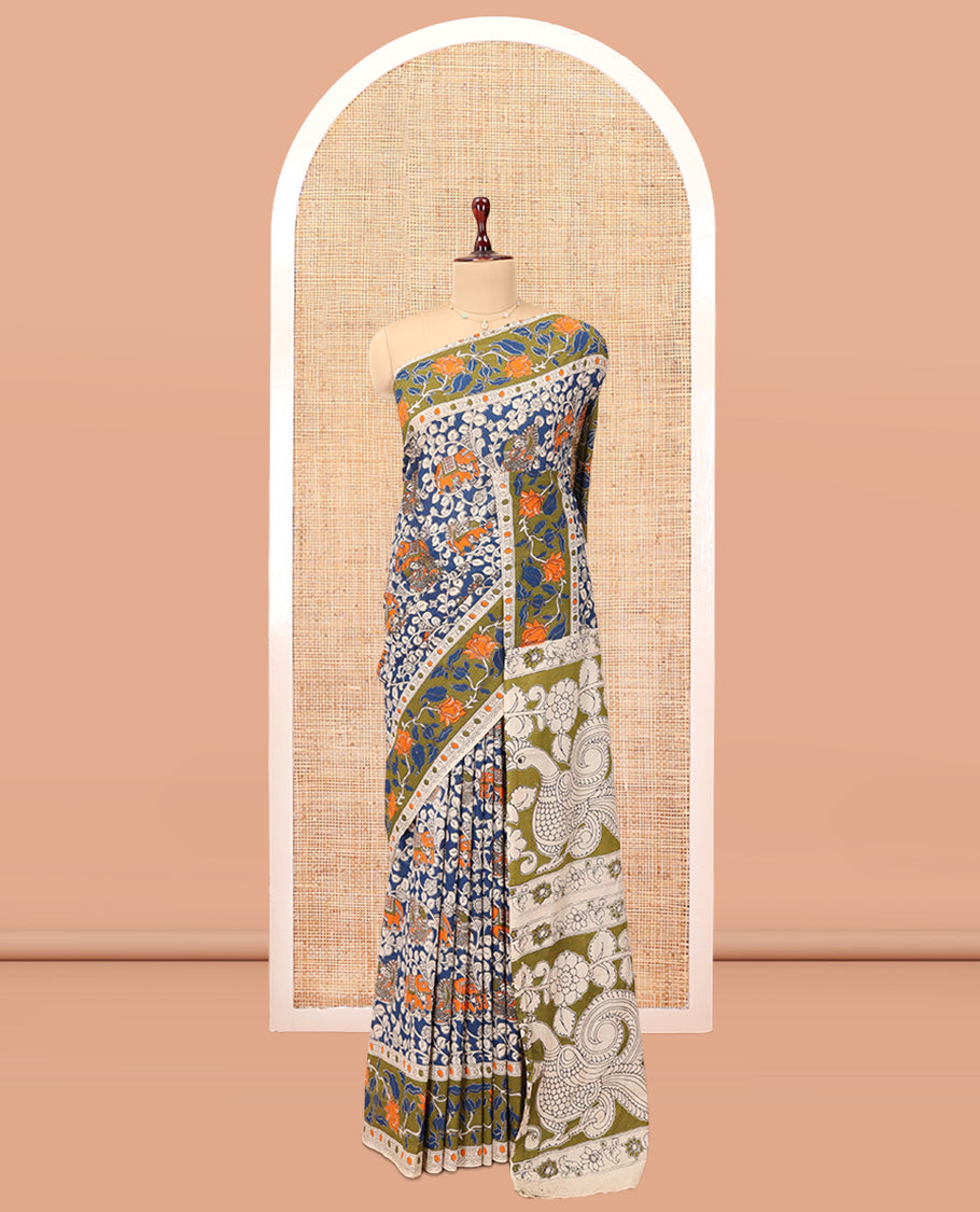 Blue Kalamkari Cotton Saree, Decked Up with Floral Vine Print, Contrast Printed Border, Pallu of Kalamkari Floral-Peacock Motifs, and a Contrast Blouse