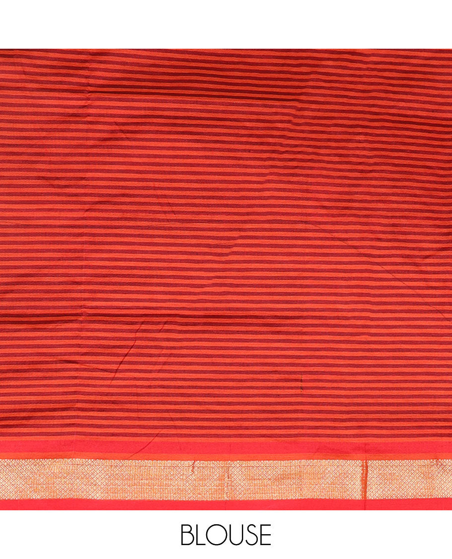 Red checked poly cotton saree with contrast zari design border & checked pallu