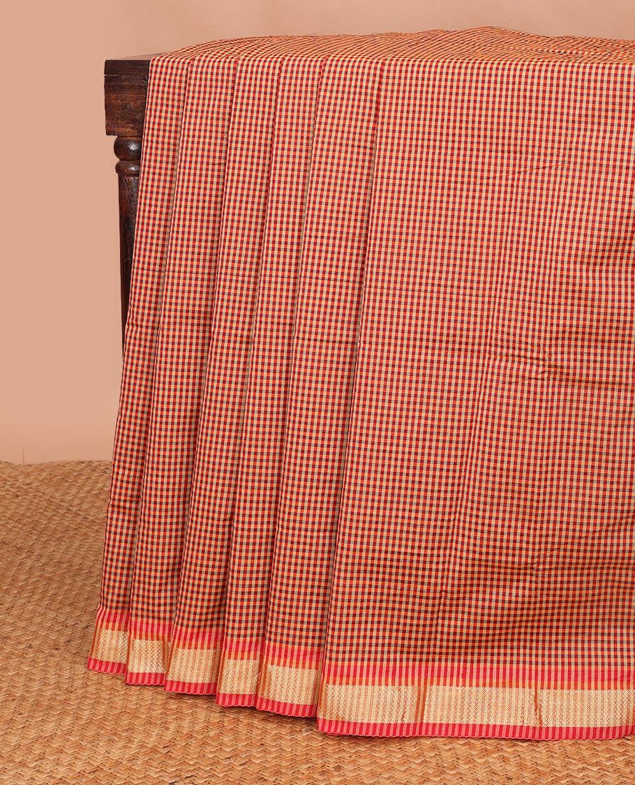Red checked poly cotton saree with contrast zari design border & checked pallu