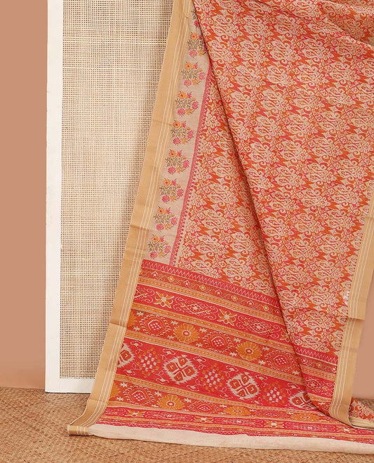 Red paisleys printed chanderi cotton saree, contrast traditional motifs border with floral thread embroidery, and intricate pallu