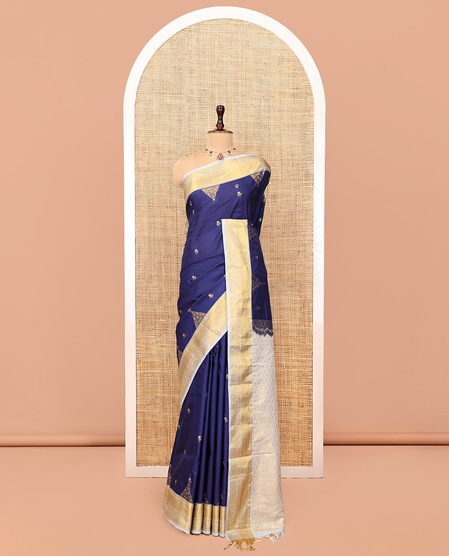 Sky Blue Budget Silk Saree, Embellished with Floral Zari Buttas, a Contrast Traditional Zari Border, Grand Pallu, and a Contrast Blouse