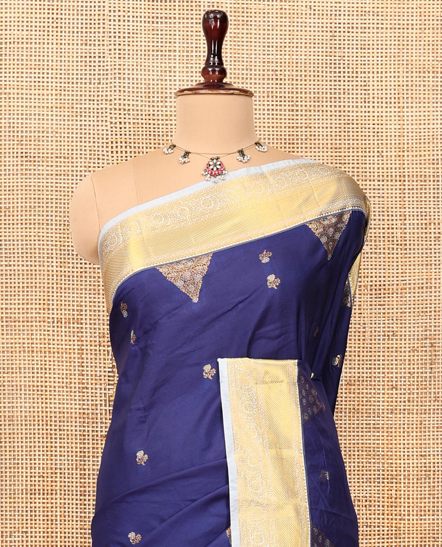 Sky Blue Budget Silk Saree, Embellished with Floral Zari Buttas, a Contrast Traditional Zari Border, Grand Pallu, and a Contrast Blouse
