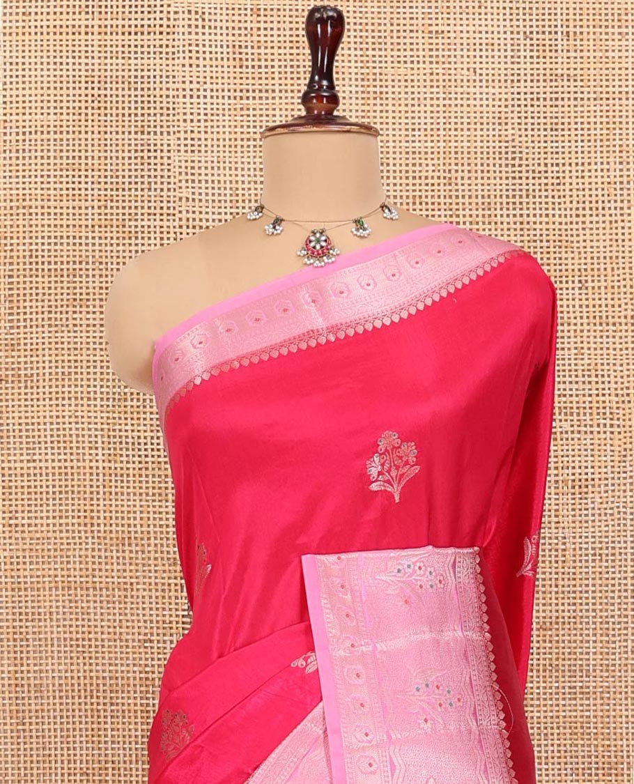 Rani Pink Green-Mango-Silk Saree, Bedecked with Floral Zari Buttas All Over Its Body, Complemented by a Contrast Meenakari Zari Floral Design Border, Grand Pallu, and Paired with a Contrast Blouse