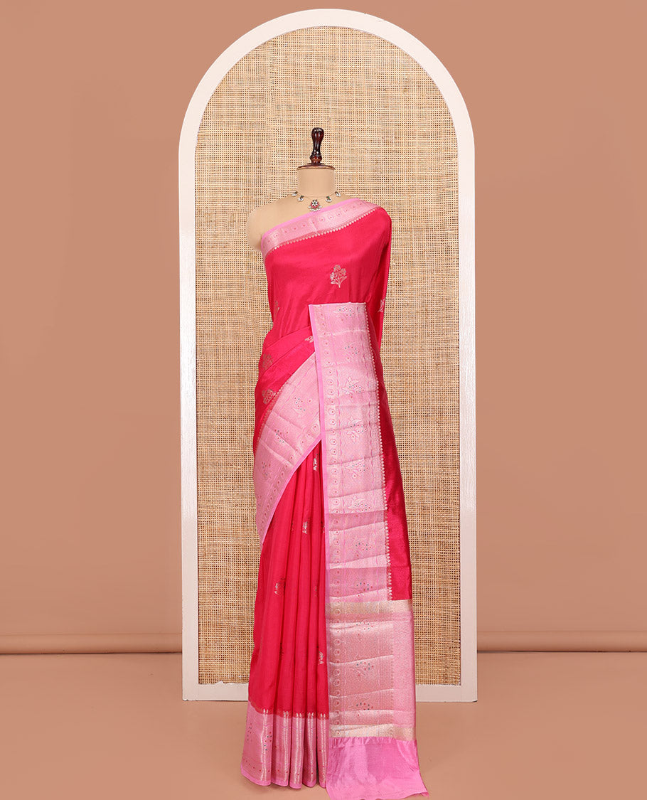 Rani Pink Green-Mango-Silk Saree, Bedecked with Floral Zari Buttas All Over Its Body, Complemented by a Contrast Meenakari Zari Floral Design Border, Grand Pallu, and Paired with a Contrast Blouse