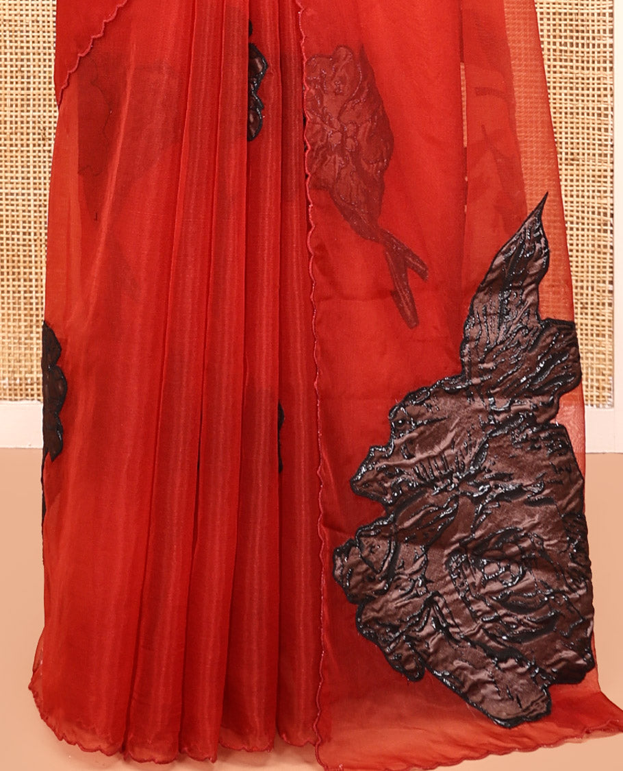 Red Turkey Organza Saree, Rose Floral Applique Embroidery, Scallop Border, Matching Blouse