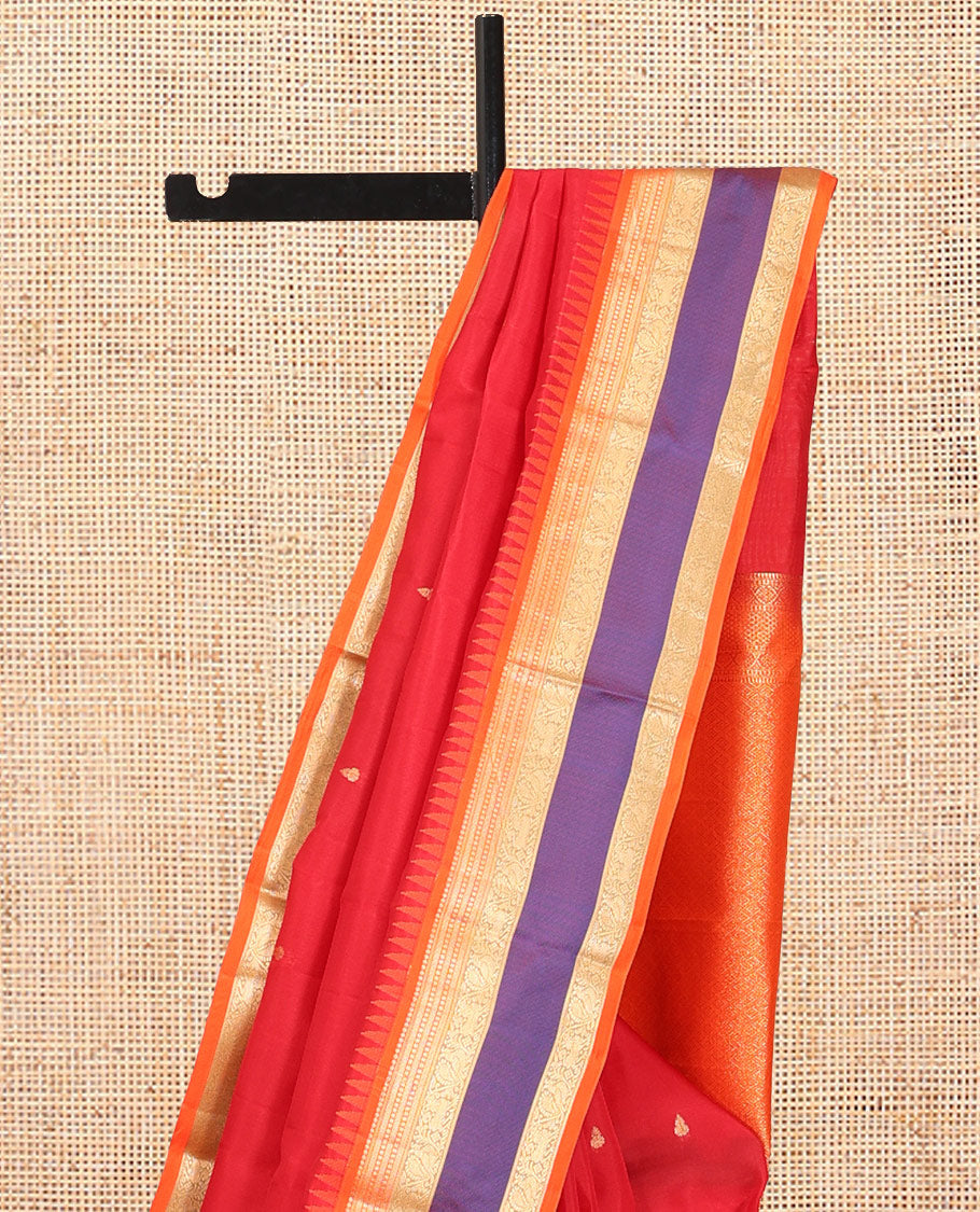 Tomato Red Buttas Vasundhara Lite Silk Mix Saree, Contrast Rettai Pettu Border, Jaal Pallu, Contrast Blouse