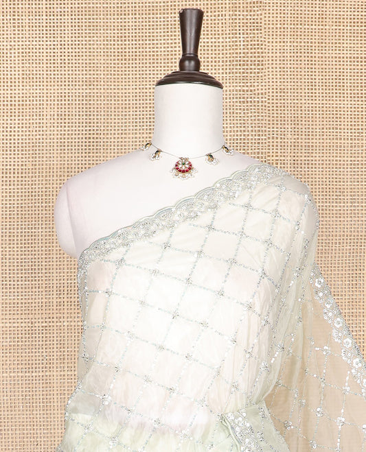 White jaal design kardana & sequins embroidered designer saree, scallop kardana & sequins embroidered border